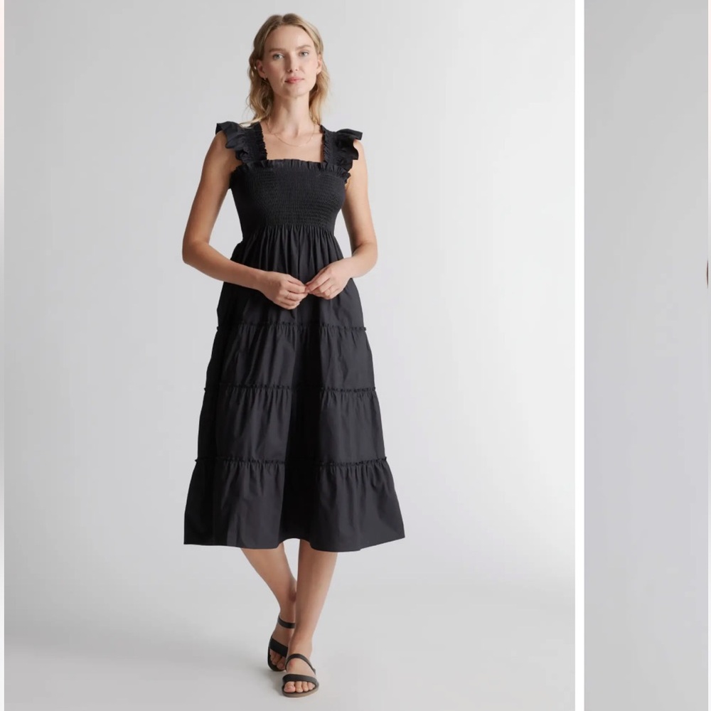 Quince Black Smocked Tiered Midi Dress